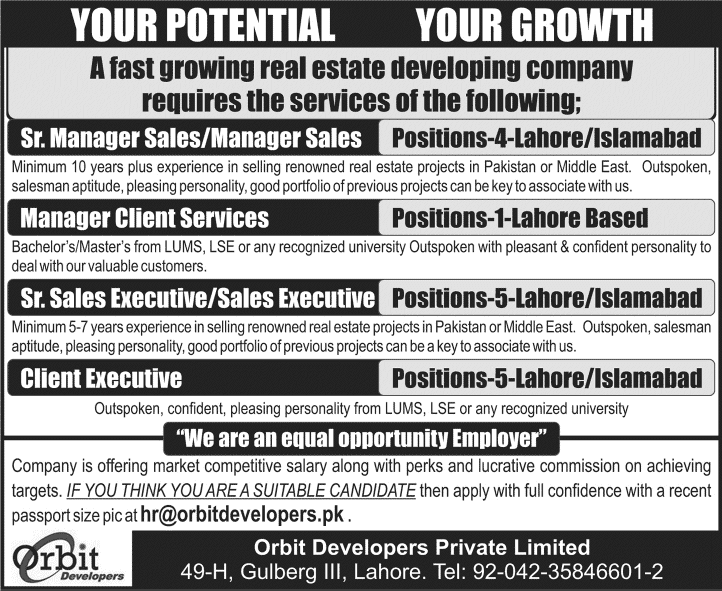 Orbit Developers Lahore / Islamabad Jobs 2015 Client Services / Sales - Managers / Executives