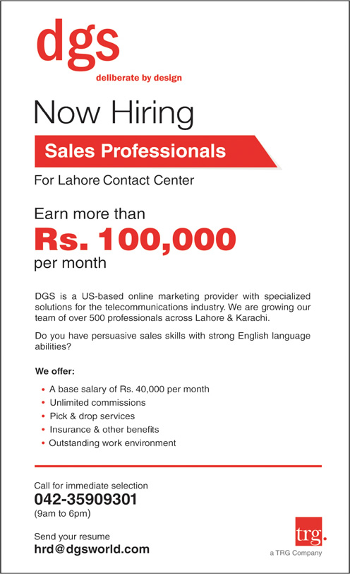 DGS Call Center Lahore Jobs 2015 February Sales Professionals TRG Company Latest / New