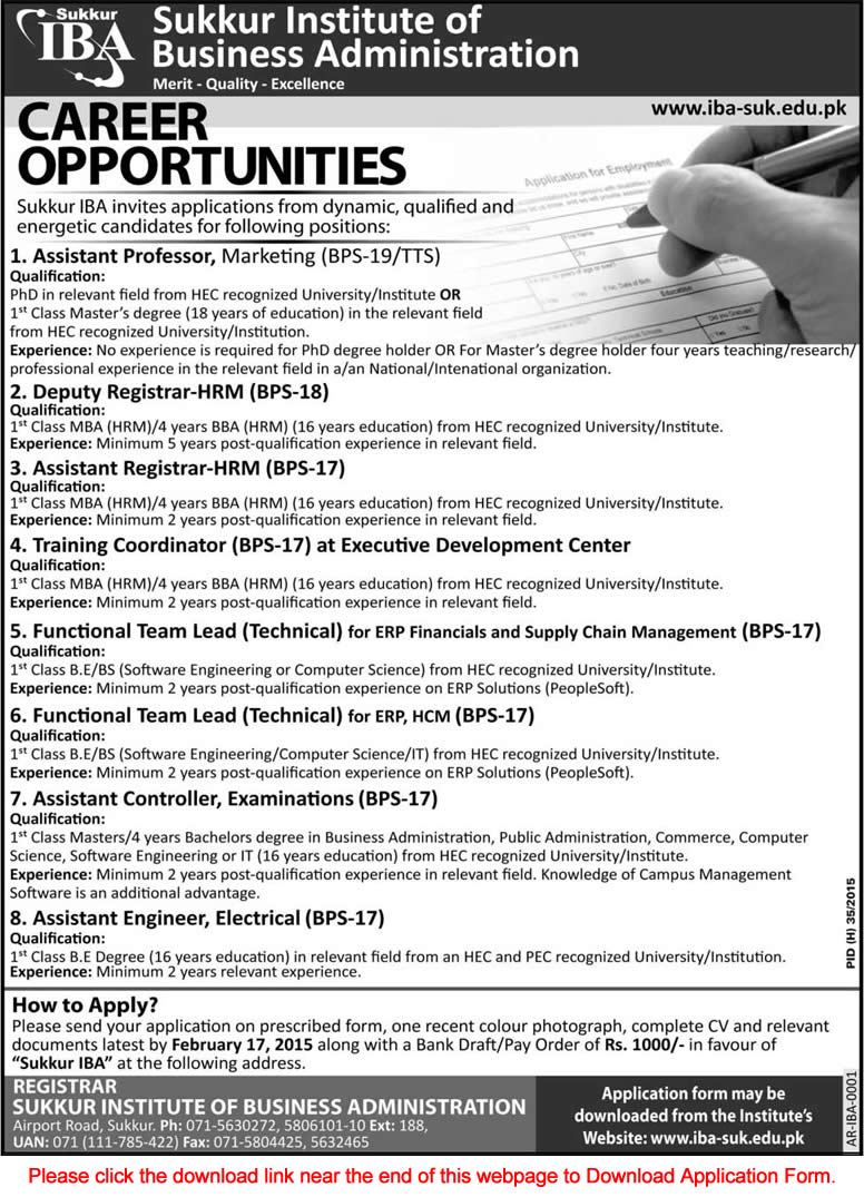 IBA Sukkur Jobs 2015 Application Form Download for Assistant Professor Marketing & Admin Staff