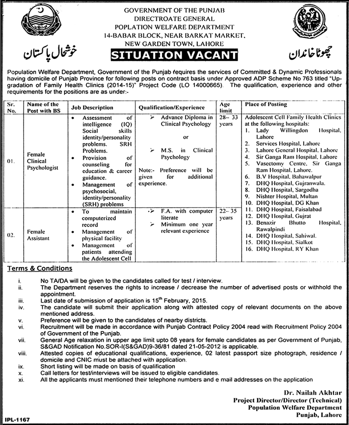 Population Welfare Department Punjab Jobs 2015 February Female Clinical Psychologist & Assistant