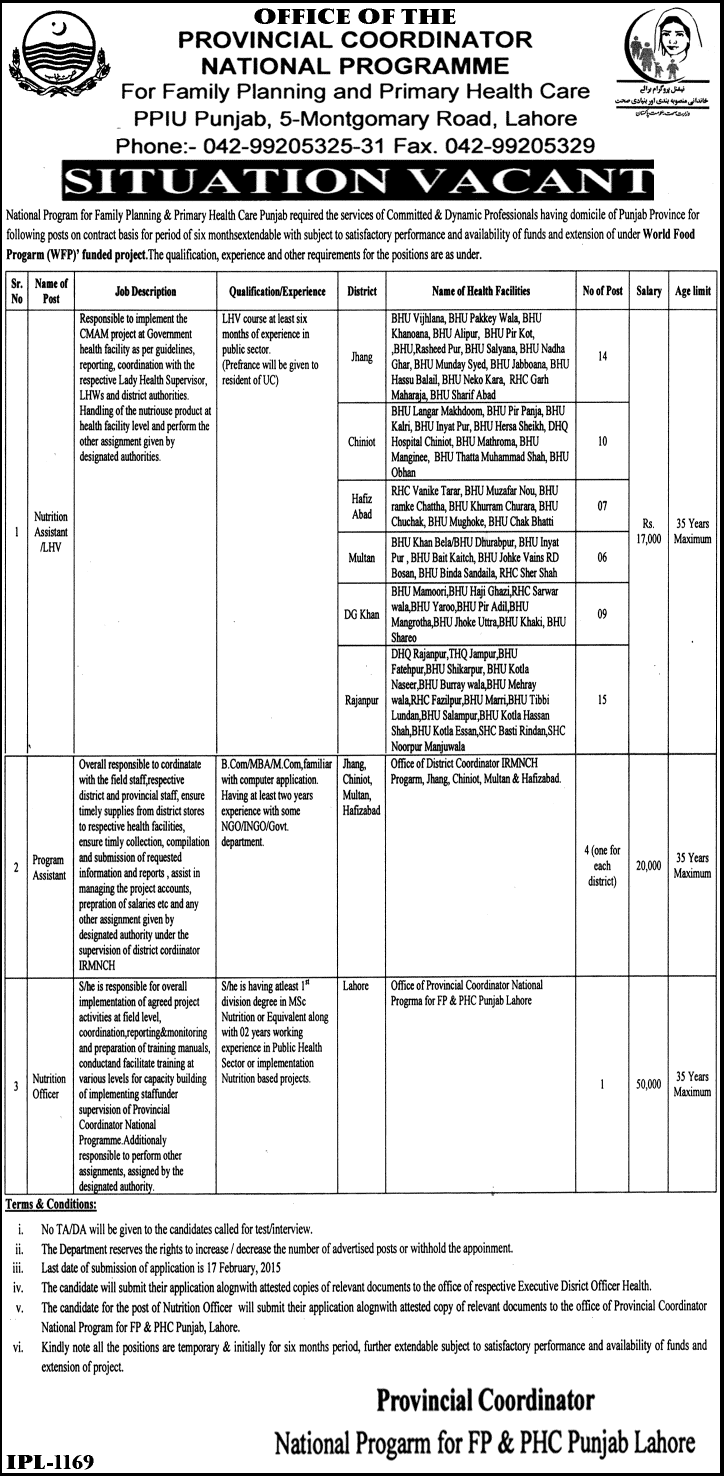 National Program for Family Planning Punjab Jobs 2015 February LHV / Nutrition Officer & Assistant