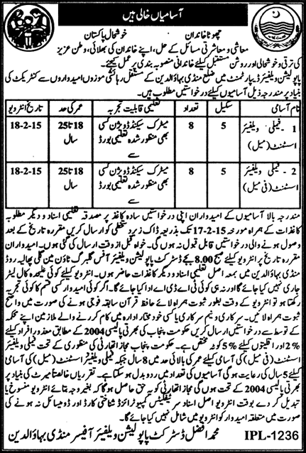 Population Welfare Department Mandi Bahauddin Jobs 2015 February Family Welfare Assistant