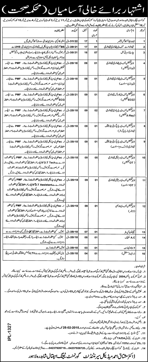 Government Teaching Hospital Shahdara Lahore Jobs 2015 Junior Technicians, Nurses & Admin Staff