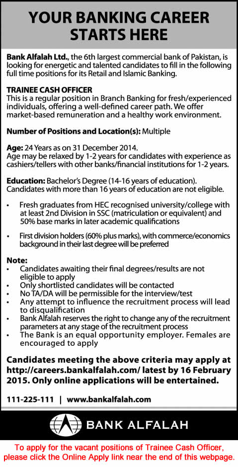 Bank Alfalah Jobs 2015 Trainee Cash Officers Pakistan for Fresh Graduates Online Application Form