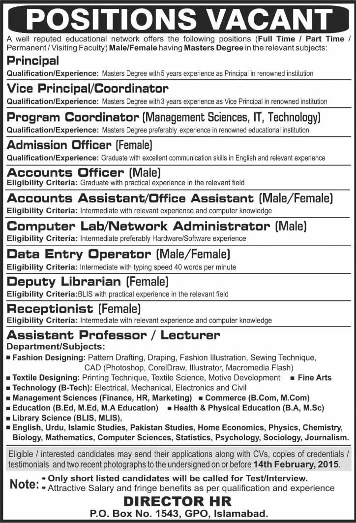 PO Box 1543 GPO Islamabad Jobs 2015 February Teaching Faculty & Admin Staff at Fatima Jinnah College