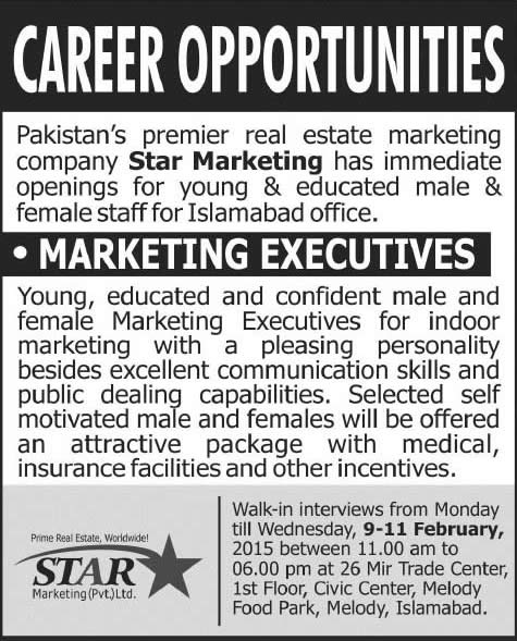 Marketing Executive Jobs in Star Marketing Islamabad 2015 February Latest for Real Estate