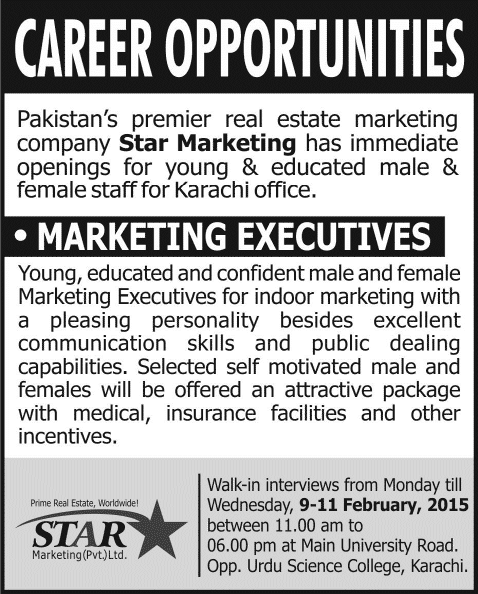 Star Marketing Karachi Jobs 2015 February Latest Marketing Executives for Real Estate