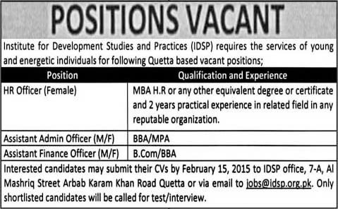 IDSP Quetta Jobs 2015 Balochistan for HR / Admin / Finance Officers (Male & Female) Latest