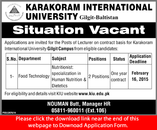 Lecturers Jobs in Karakoram International University Gilgit 2015 February Application Form Download