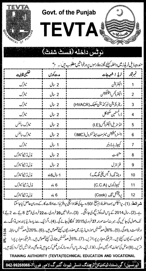 Government Technical Training Institute Lahore Admissions 2015 February TEVTA Latest