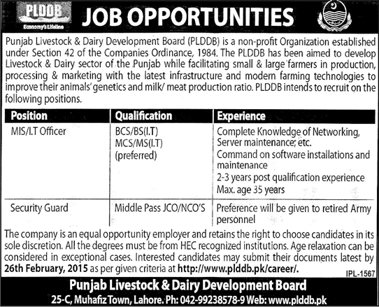 Punjab Livestock & Dairy Development Board Jobs 2015 February MIS / IT Officer & Security Guard Apply Online