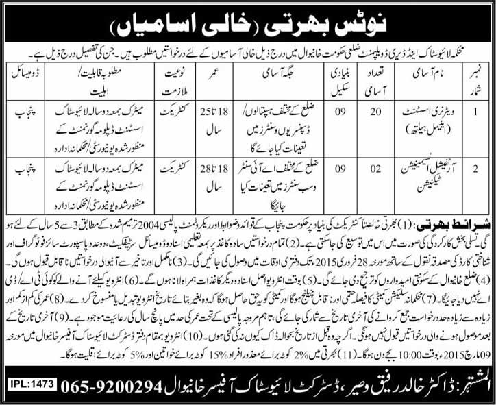 Veterinary Assistant & AI Technician Jobs in Khanewal Livestock & Dairy Development Department 2015 February