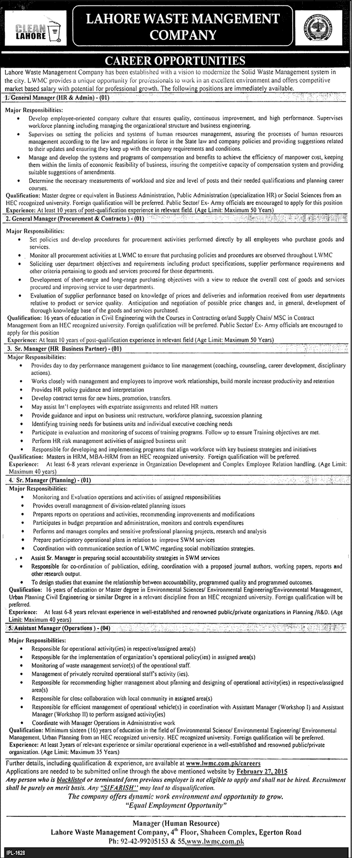 Lahore Waste Management Company Jobs 2015 February Managers HR / Admin / Procurement / Planning & Operations