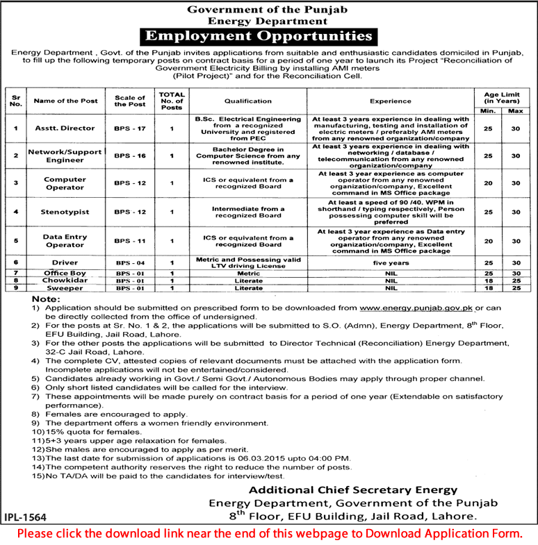 Energy Department Punjab Jobs 2015 February Application Form Download Reconciliation Cell Project
