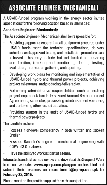 Mechanical Engineering Jobs in Islamabad 2015 February USAID Pakistan Funded Energy Policy Program