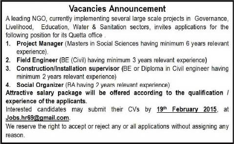 Project Manager, Civil Engineers & Social Organizer Jobs in Quetta 2015 February for NGO