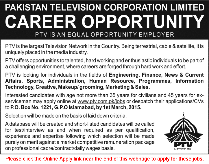 PTV Jobs 2015 Online Apply Pakistan Television Corporation Limited Latest