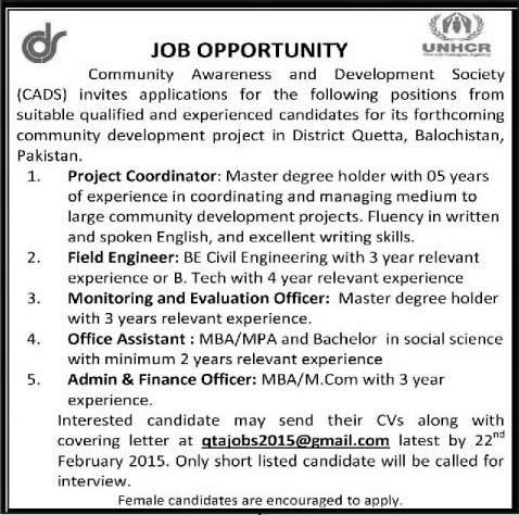 Project Coordinator, Civil Engineer, M&E, Admin / Finance Jobs in Quetta 2015 February UNHCR CADS