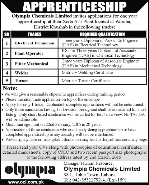 Olympia Chemicals Apprenticeship 2015 February Electrician, Fitter, Welder, Turner & Plant Operator