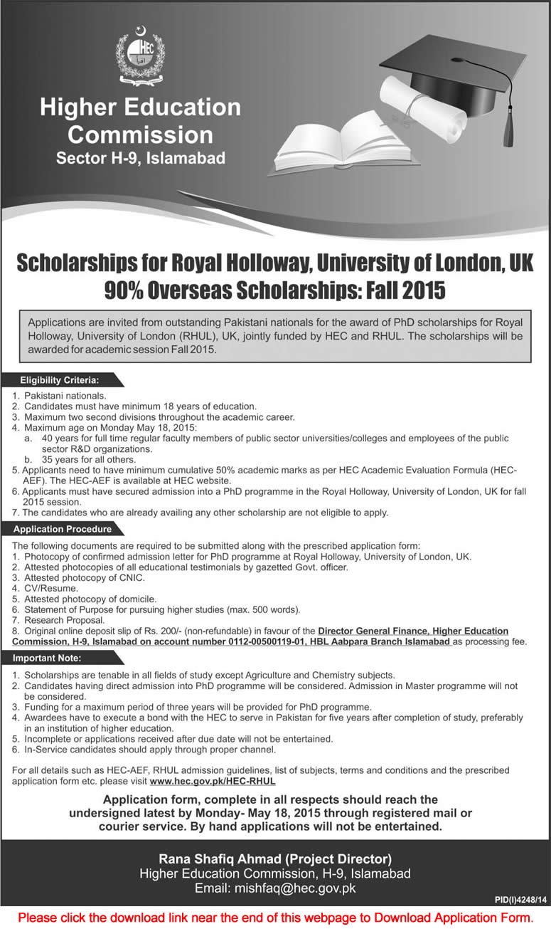 HEC Overseas Scholarships 2015 Royal Holloway University of London Ph.D. in UK