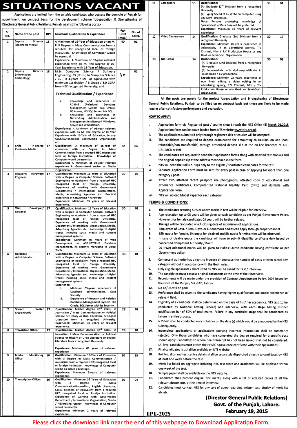 Directorate General Public Relations Punjab Jobs 2015 February NTS Application Form Download Latest