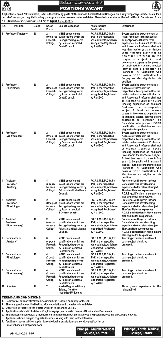 Medical College Khuzdar / Loralai Jobs 2015 February Balochistan Teaching Faculty & Librarian