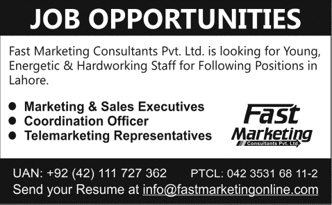 Sales Executive, Telemarketing & Coordination Officer Jobs in Lahore 2015 February Fast Marketing Consultants