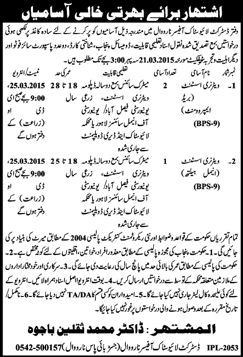 Veterinary Assistant Jobs in Narowal District Livestock Office 2015 February