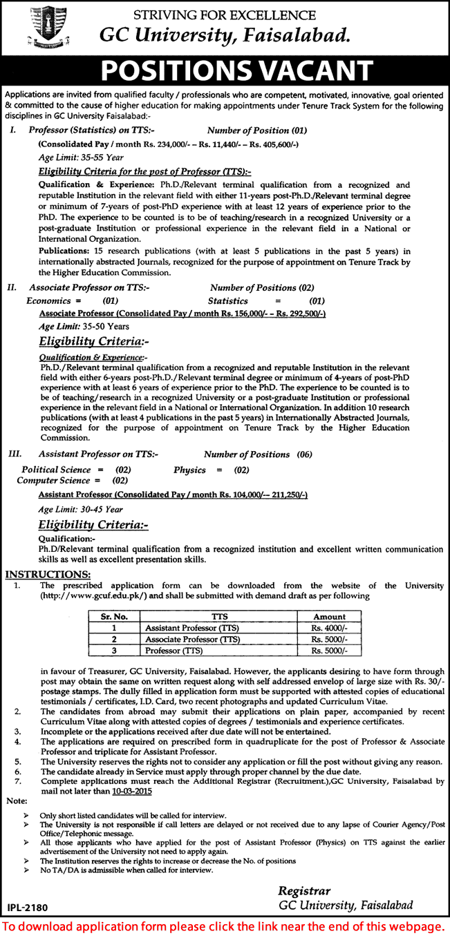 GC University Faisalabad Jobs 2015 February / March Application Form Download Teaching Faculty