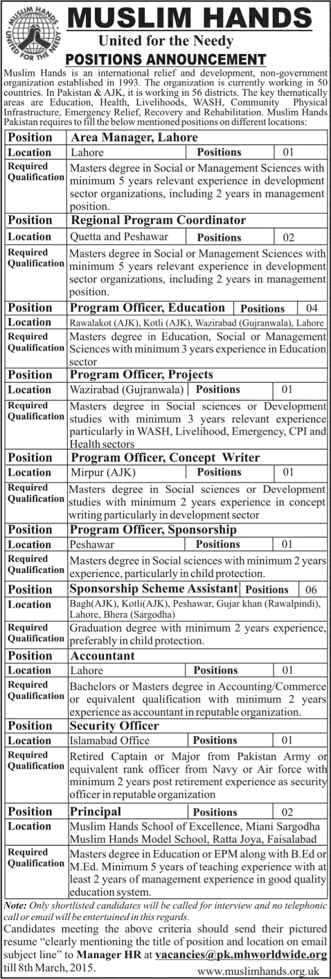 Muslim Hands Pakistan Jobs 2015 March Area Manager, Program Officers, Accountants & Others