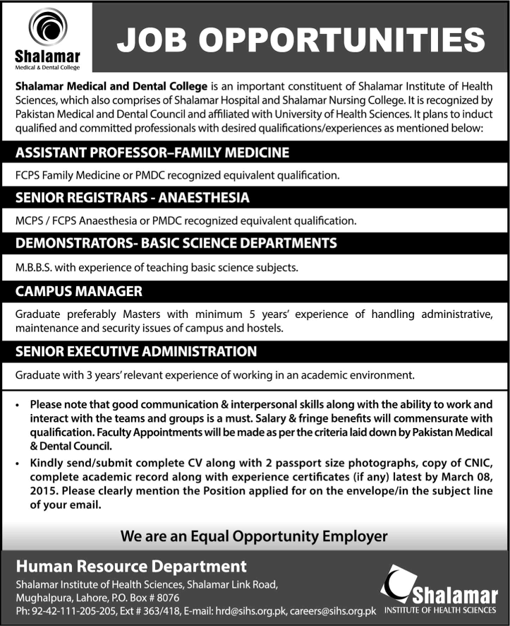 Shalamar Medical and Dental College Lahore Jobs 2015 March Medical Faculty & Admin Staff