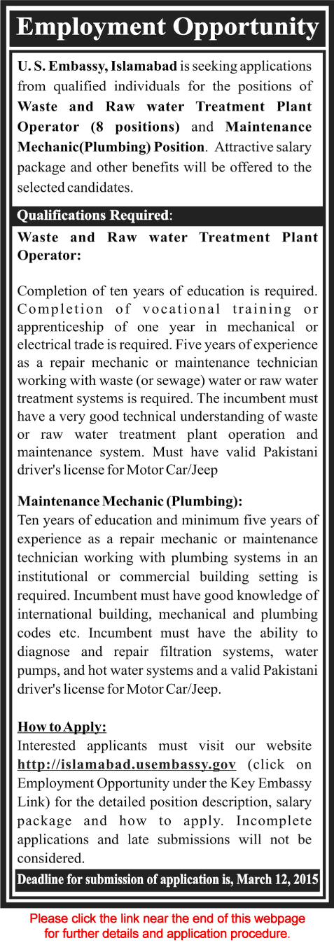 US Embassy Islamabad Jobs 2015 March Application Form Plumber & Water Treatment Plant Operator