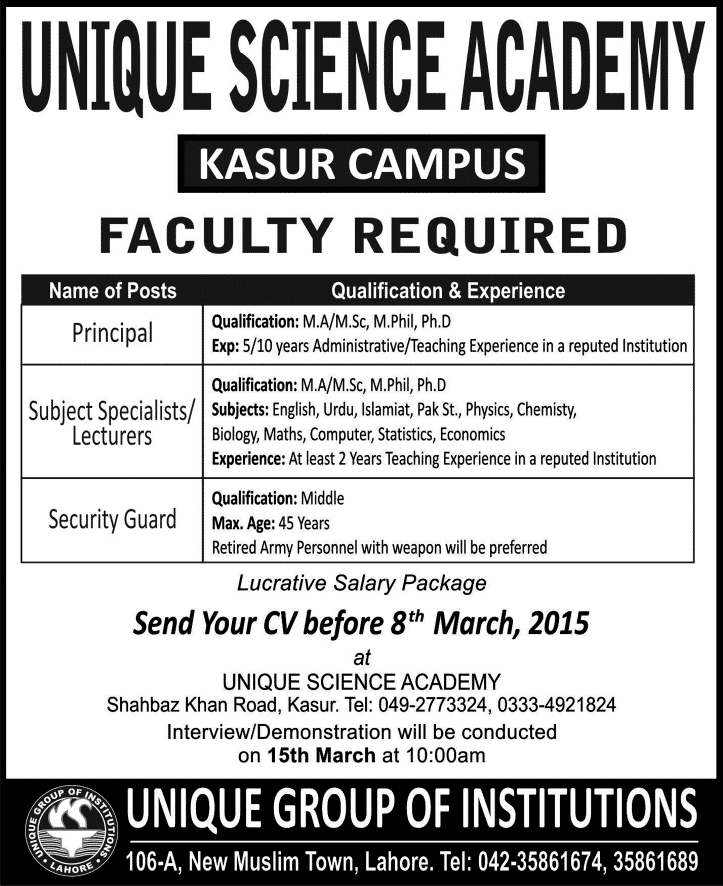 Principal, Lecturers & Security Guard Jobs in Kasur 2015 March at Unique Science Academy
