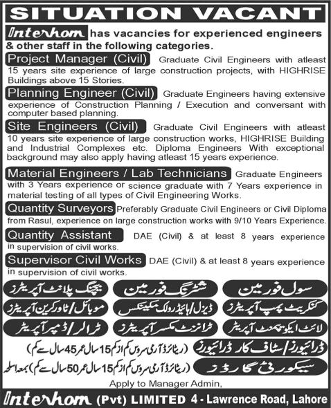 Interhome Pvt Limited Lahore Jobs 2015 March Civil Engineers, Foremen, Vehicle Operators & Others