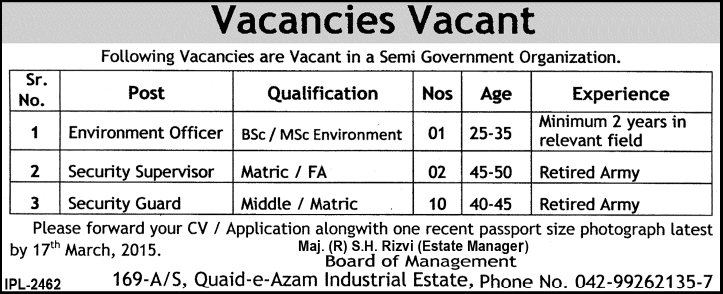 Quaid-e-Azam Industrial Estate Lahore Jobs 2015 March Security Supervisor / Guards & Environment Officer