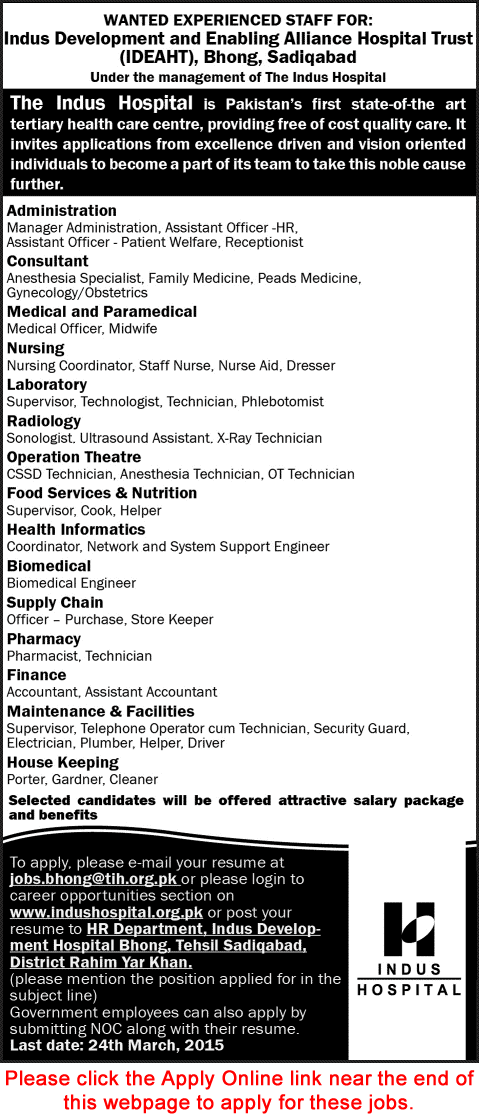 Indus Hospital Jobs 2015 Apply Online Indus Development and Enabling Alliance Hospital Trust (IDEAHT)