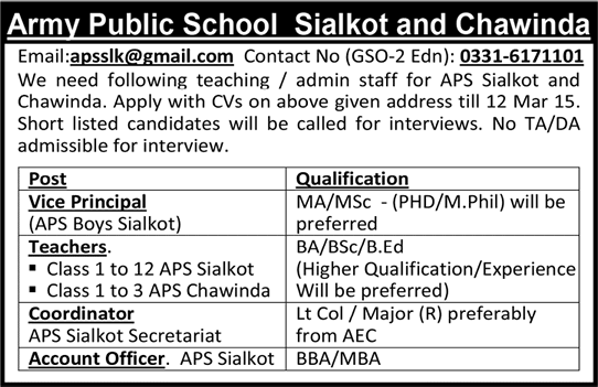 Army Public School Sialkot / Chawinda Jobs 2015 March Teachers, Accounts Officers, Coordinators & Vice Principal