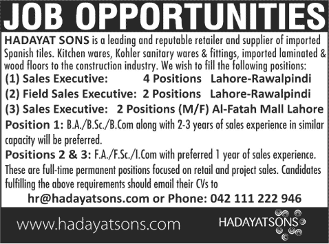 Sales Executive Jobs in Lahore / Rawalpindi 2015 March Hadayat Sons
