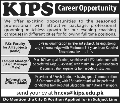 KIPS Academy Jobs 2015 March Pakistan Teaching Faculty, Managers & Information Officer Latest
