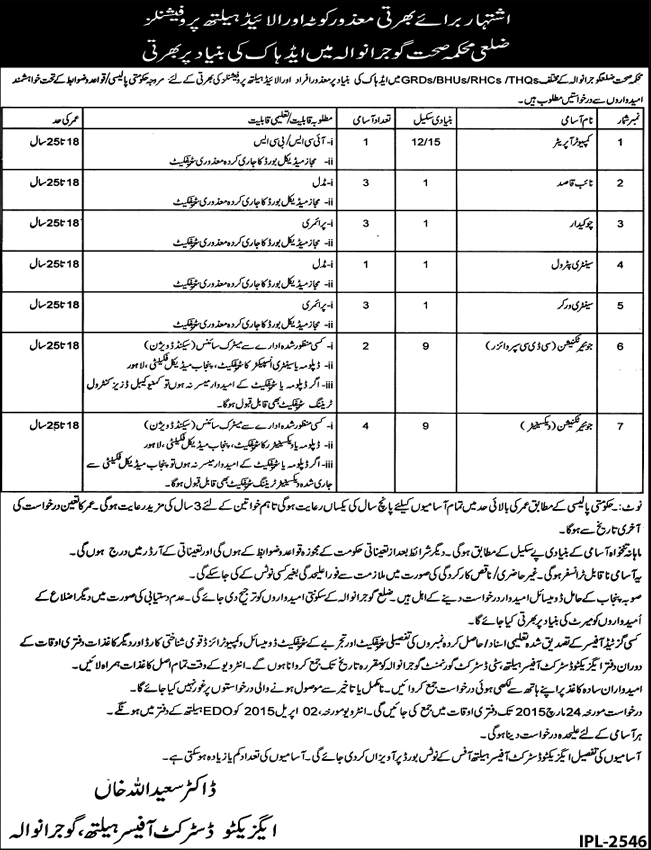 Health Department Gujranwala Jobs 2015 March for Disabled Quota & Allied Health Professionals Latest