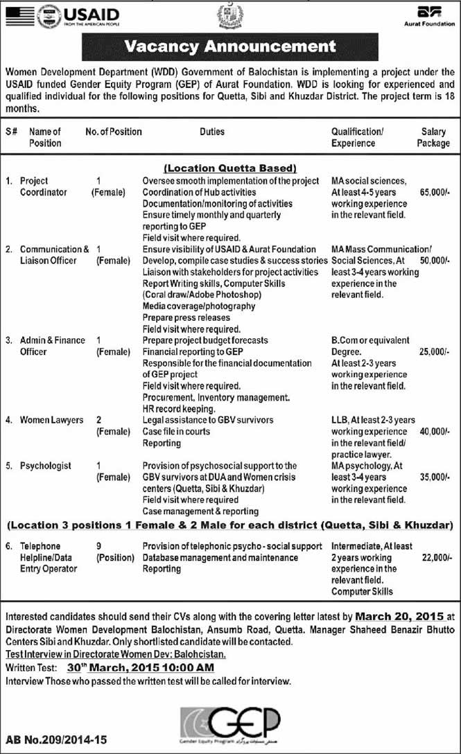 Women Development Department Balochistan Jobs 2015 March Gender Equity Program (GEP)