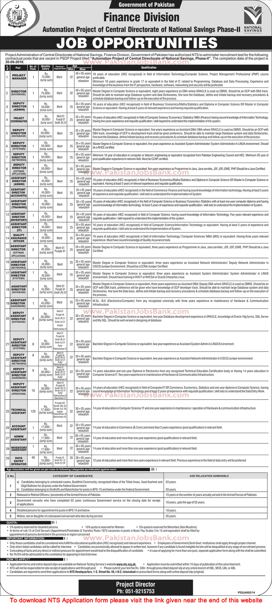 Finance Division Jobs 2015 March NTS Application Form CDNS Automation Project