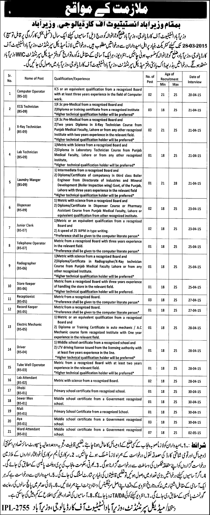 Wazirabad Institute of Cardiology Jobs 2015 March WIC Hospital, Paramedical, Admin & Support Staff