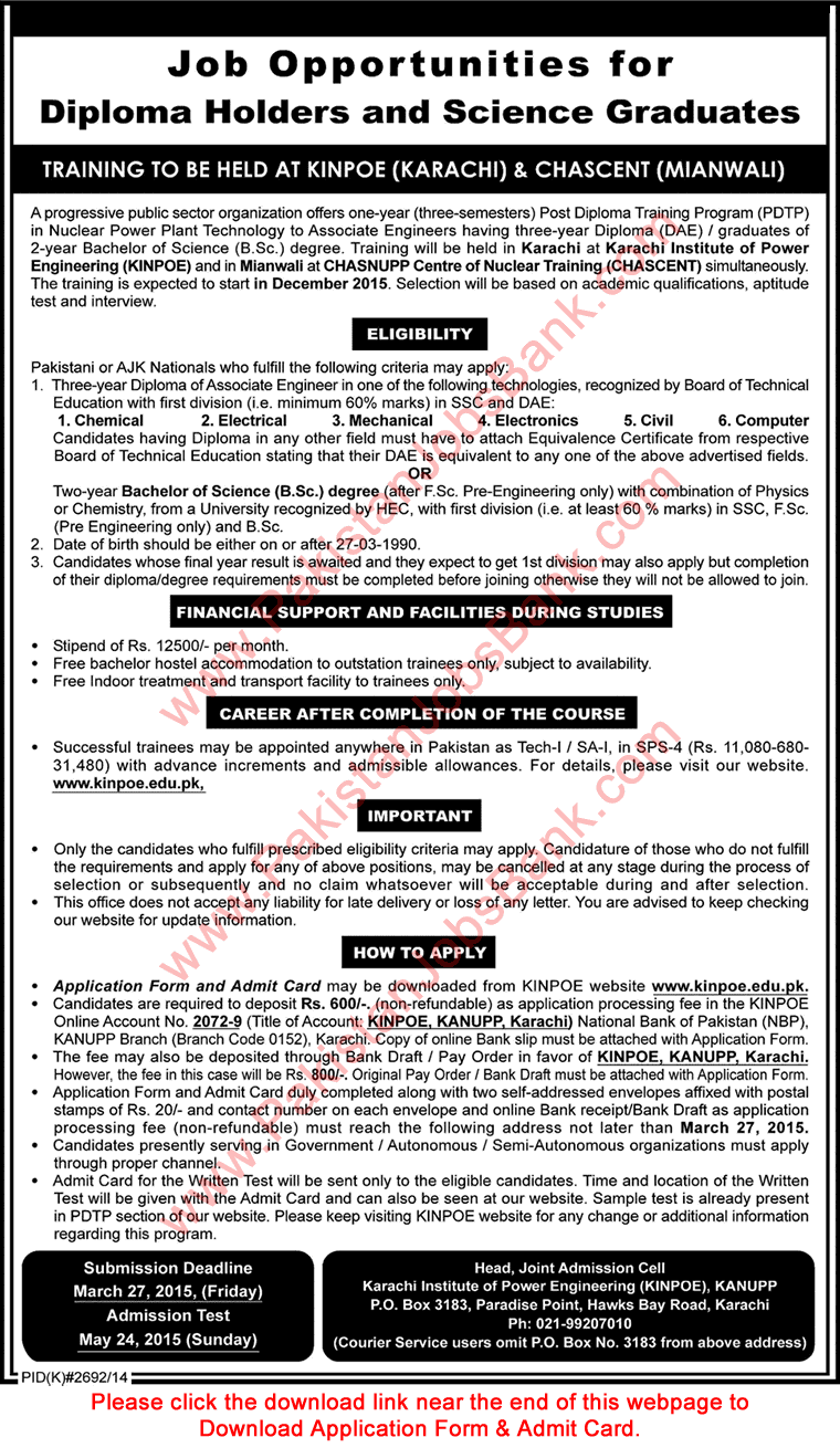 KINPOE & CHASCENT Post Diploma Training Program 2015 March DAE Engineers & Science Graduates