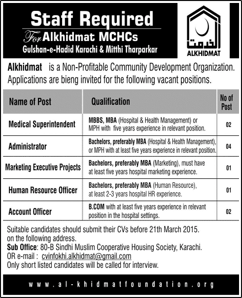 Al Khidmat Foundation Karachi Jobs 2015 March Medical & Admin Staff at Mother & Child Health Centers