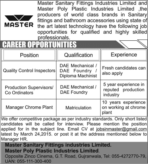 Master Sanitary Fittings Gujranwala Jobs 2015 March Mechanical / Foundry Engineers & Plant Manager