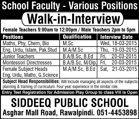 Siddeeq Public School Rawalpindi Jobs 2015 March Teaching Faculty Walk in Interviews Latest
