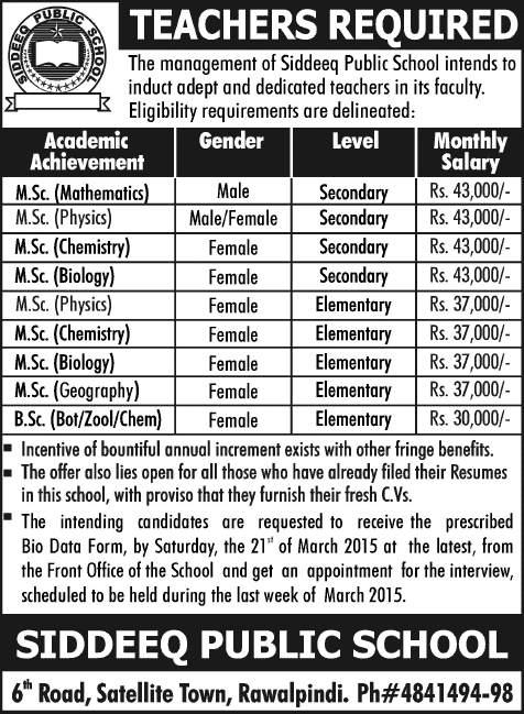 Teaching Jobs in Siddeeq Public School Rawalpindi 2015 March in Satellite Town Science Teachers