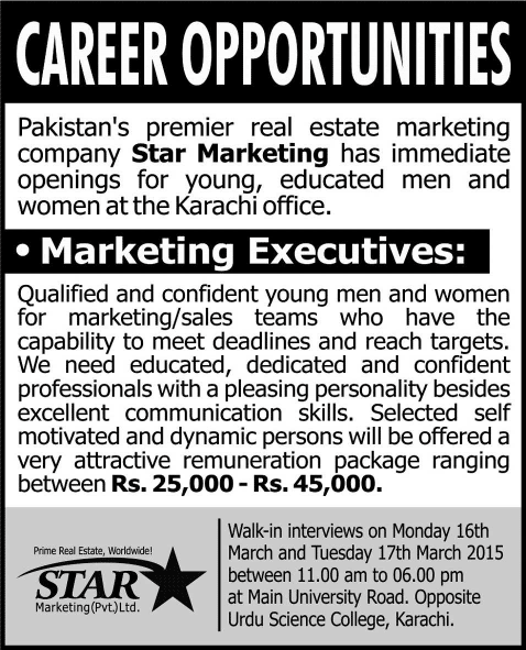 Marketing Executive Jobs in Star Marketing Karachi Office 2015 March