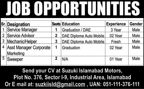 Suzuki Islamabad Motors Jobs 2015 March Mechanics, Service Manager / Advisor & Others